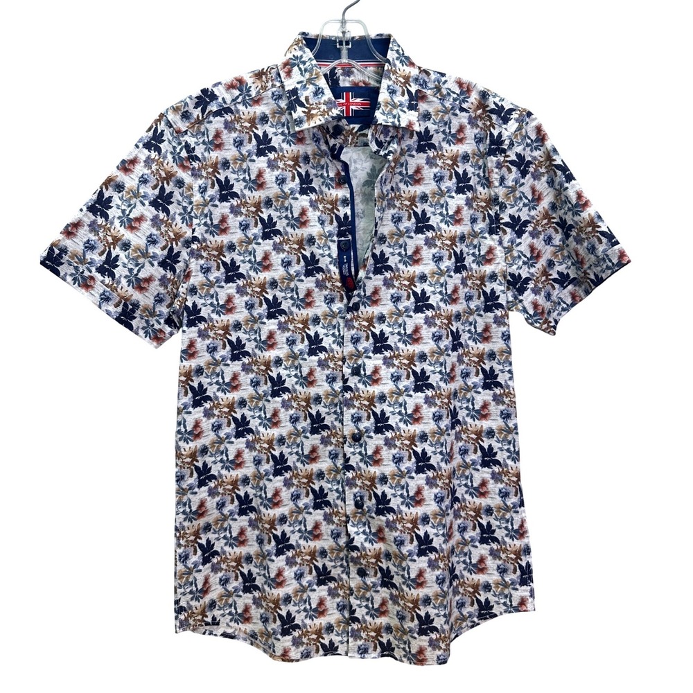Soul of London Mens Small Floral Short Sleeve Button Down Shirt Stretch Navy